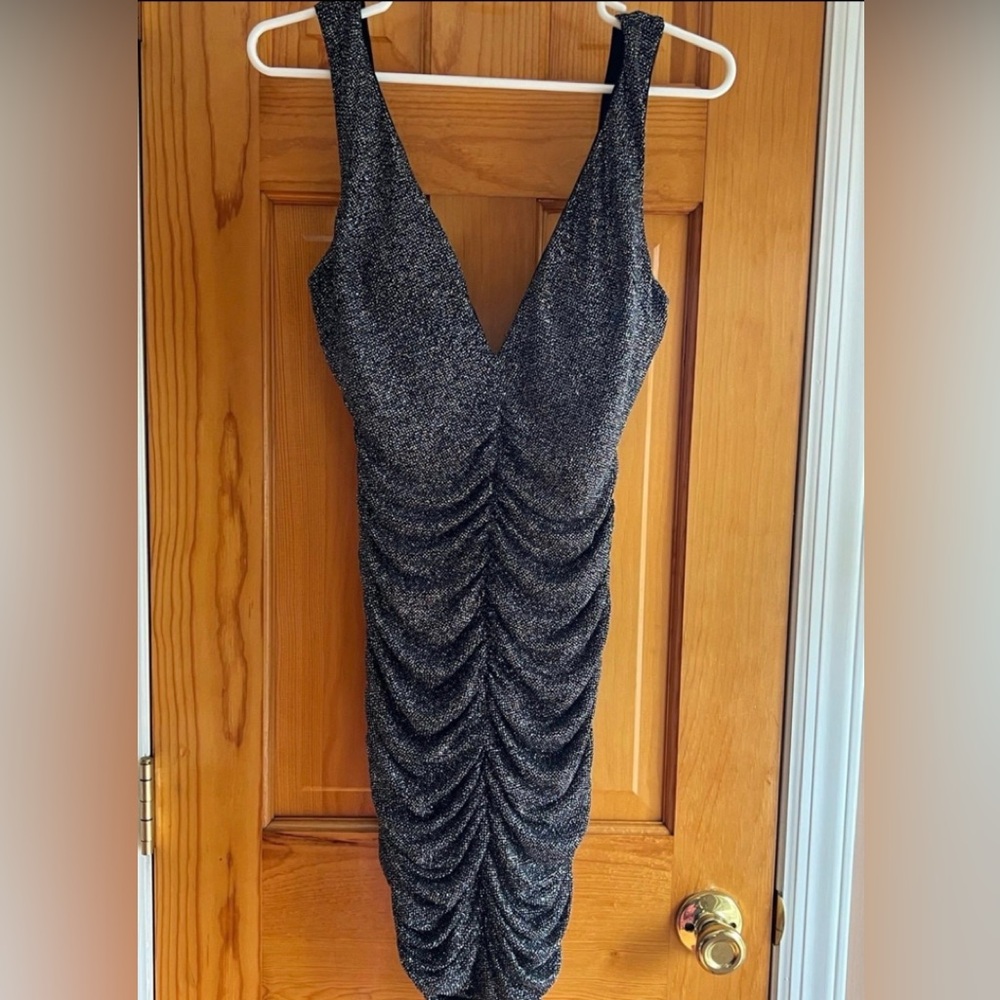 Sparkle Ruched V-Neck Women’s Dress - Silver and Black Metallic glitter dress